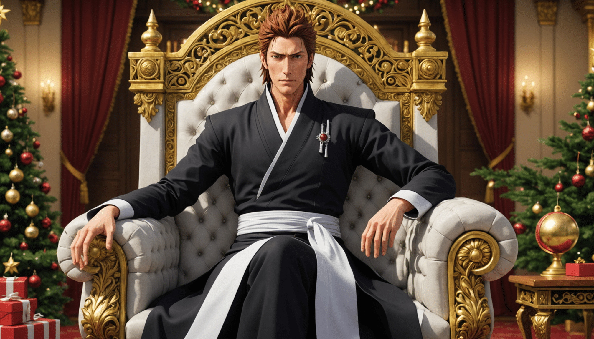 découvrez l'illustration captivante d'aizen, toujours majestueusement ascendant sur son trône, à l'occasion de noël 2024. plongez dans l'univers fascinant de bleach avec cette œuvre qui capture l'essence du personnage emblématique, mêlant élégance et puissance dans un cadre festif.