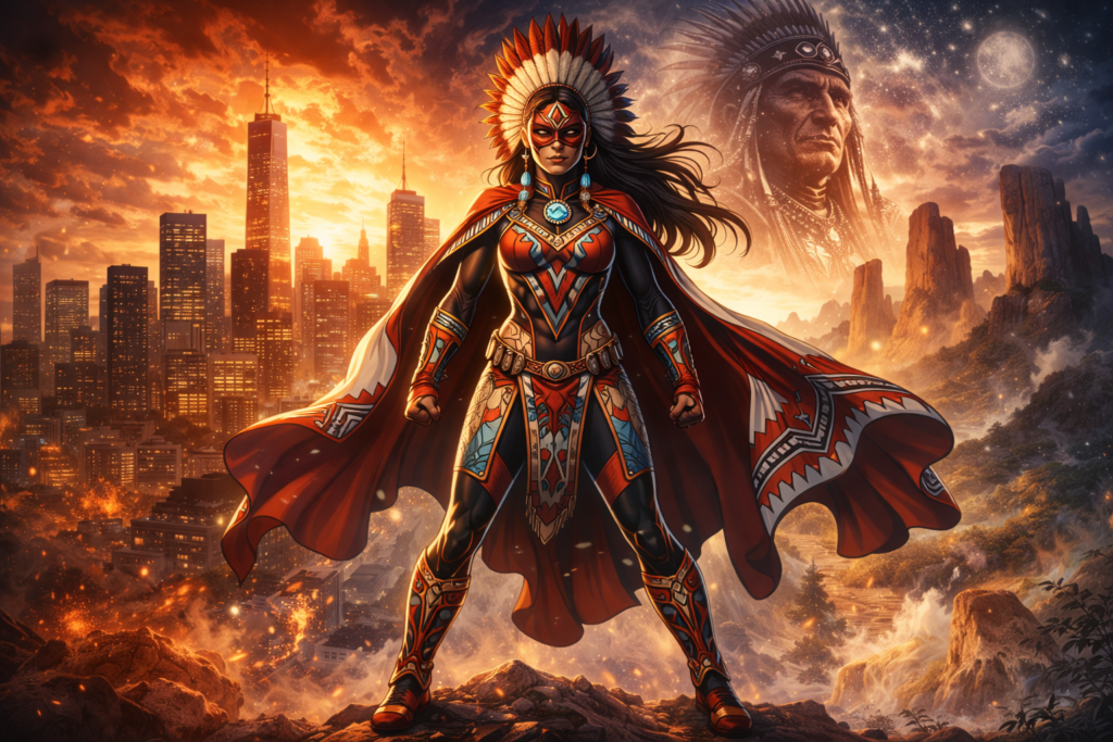 Illustration de Kahhori, super-héroïne Marvel d’origine mohawk, entre culture autochtone et univers moderne.