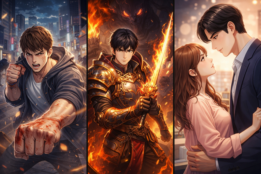Illustration de personnages issus de manhwa populaires en 2026, mêlant action, fantasy et romance.