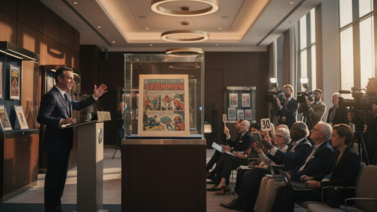 découvrez l'œuvre iconique d'iron man de 1963, dont une page éclatante a établi un nouveau record historique lors des enchères heritage, captivant les collectionneurs et fans de comics.