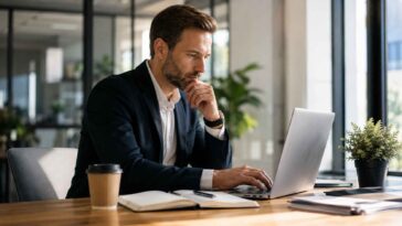 Plan moyen d'un homme réfléchi en costume, assis à son bureau en bois, concentré sur son écran d'ordinateur portable, main sur le menton.