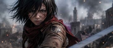 Portrait réaliste de Mikasa avec des cheveux courts, une écharpe rouge, devant un décor urbain entièrement dévasté et très enfumé.