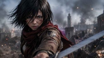 Portrait réaliste de Mikasa avec des cheveux courts, une écharpe rouge, devant un décor urbain entièrement dévasté et très enfumé.