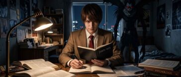 Un étudiant écrit dans un cahier noir à son bureau. Derrière lui, une silhouette shinigami monstrueuse l'observe dans l'ombre.