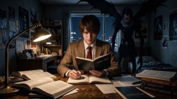 Un étudiant écrit dans un cahier noir à son bureau. Derrière lui, une silhouette shinigami monstrueuse l'observe dans l'ombre.