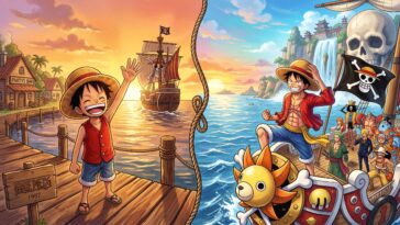 L'image juxtapose le Luffy du passé au village de Fuchsia et le capitaine pirate du présent sur son navire Thousand Sunny.
